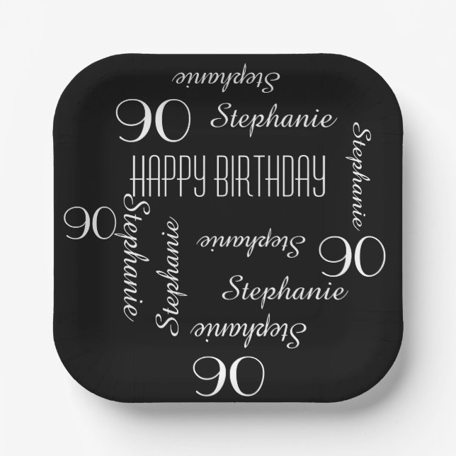 90th Birthday Party Repeating Name Square Paper Plates (Front)