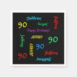 90th Birthday Party Repeating Names, Black Paper Napkins