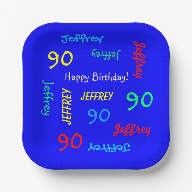 90th Birthday Party, Repeating Names, Blue Square Paper Plates (Front)