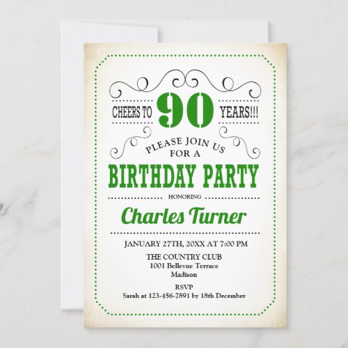 90th Birthday Party _ Retro Creamy White and Green Invitation