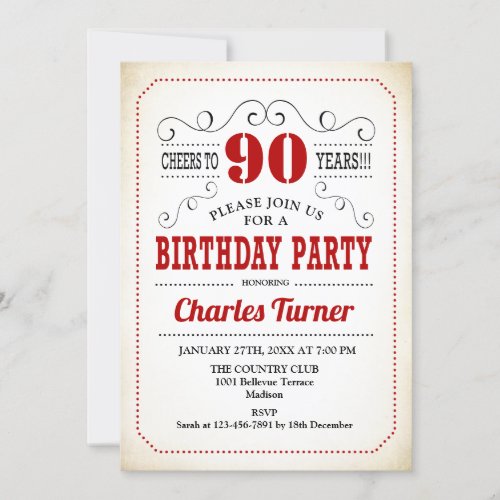 90th Birthday Party _ Retro Creamy White and Red Invitation