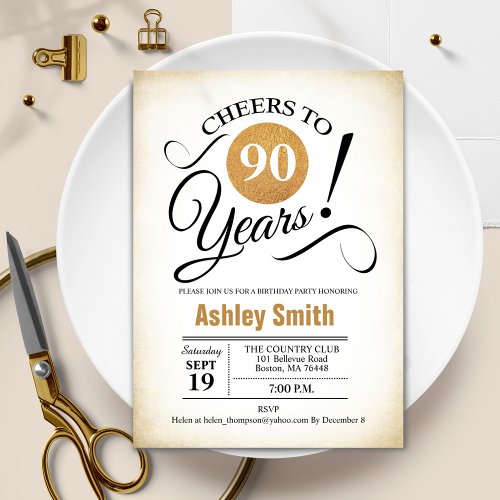 90th Birthday Party _ Retro Gold Black White Invitation