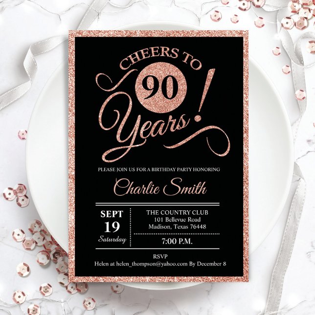 90th Birthday Party - Rose Gold Black ANY AGE Invitation (Creator Uploaded)