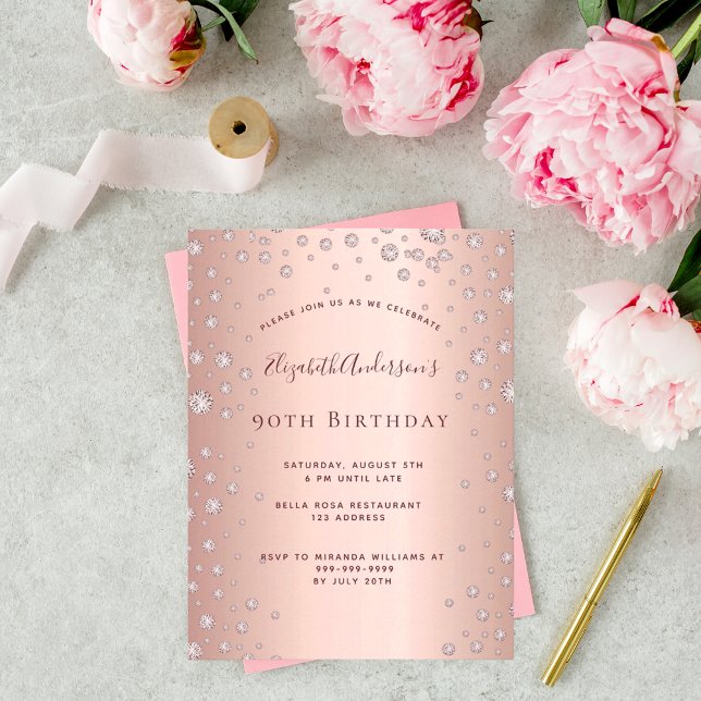 90th birthday party rose gold diamond invitation postcard (Creator Uploaded)