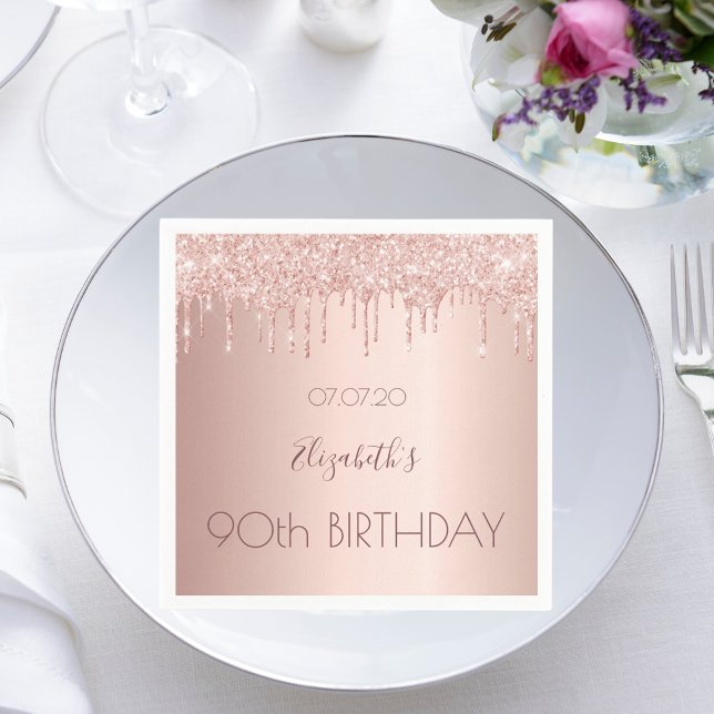 90th birthday party rose gold glitter 90 years napkins (Creator Uploaded)