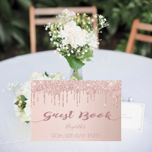 90th birthday party rose gold glitter drips pink guest book