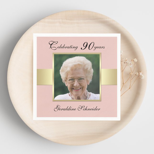90th Birthday Party Rose Gold Photo Napkins (Creator Uploaded)