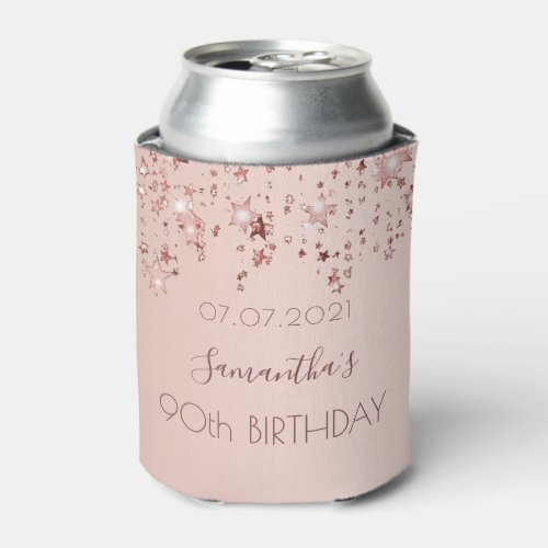 90th birthday party rose gold shiny stars glittery can cooler