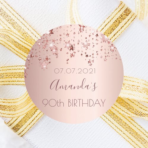 90th birthday party rose gold shiny stars glittery classic round sticker