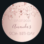 90th birthday party rose gold shiny stars glittery classic round sticker<br><div class="desc">A sticker, favor tag for a girly 90th birthday party. A faux rose gold metallic looking background with an elegant rose gold, copper colored dripping shining stars. Template for name, date age 90. The name is written in dark rose gold with a large modern hand lettered style script. Perfect as...</div>