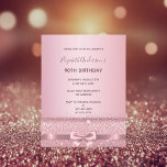 90th birthday party rose gold sparkle invitation postcard<br><div class="desc">A modern, stylish and glamorous invitation for a woman's 90th birthday party. A faux rose gold metallic looking background with an elegant rose gold bow, ribbon and sparkle. The name is written with a modern dark rose gold colored hand lettered style script. Templates for your party details. Tip: If you...</div>