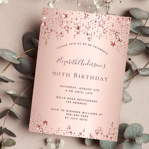 90th birthday party rose gold stars invitation