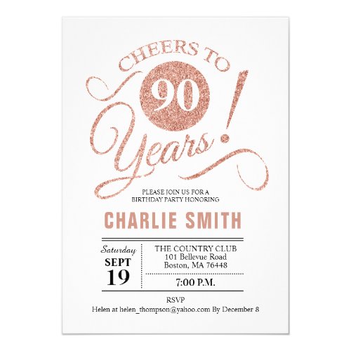 Rose Gold Cheers to 90 Years Birthday Party Invitation