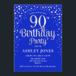 90th Birthday Party - Royal Blue & Silver Invitation<br><div class="desc">90th Birthday Party Invitation.
Elegant design in royal blue and faux glitter silver. Features stylish script font and confetti. Message me if you need custom age.</div>