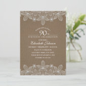 90th Birthday Party Rustic Burlap Pearls and Lace Invitation (Standing Front)