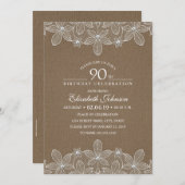 90th Birthday Party Rustic Burlap Pearls and Lace Invitation (Front/Back)