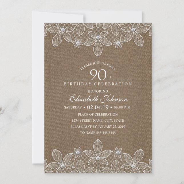 90th Birthday Party Rustic Burlap Pearls and Lace Invitation (Front)