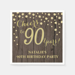 90th Birthday Party Rustic Wood and Gold Diamond N Napkins