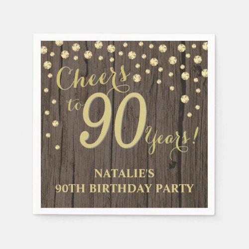 90th Birthday Party Rustic Wood and Gold Diamond N Napkins