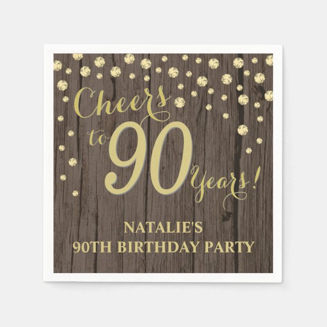 90th Birthday Party Rustic Wood and Gold Diamond N Napkins (Front)