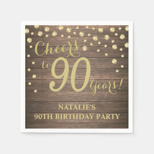 90th Birthday Party Rustic Wood and Gold Diamond Napkins