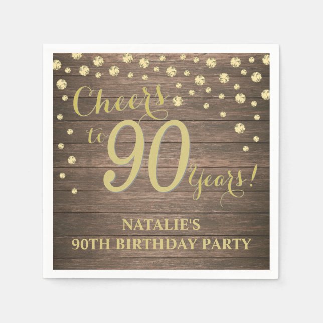 90th Birthday Party Rustic Wood and Gold Diamond Napkins (Front)