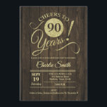 90th Birthday Party - Rustic Wood Gold Invitation<br><div class="desc">90th Birthday Party Invitation in faux glitter gold and rustic dark brown wood pattern. Simple modern design,  perfect for an elegant party. Cheers to 90 years! Can be personalized into any age!
Please message me if you need further customization.</div>