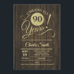 90th Birthday Party - Rustic Wood Gold Invitation<br><div class="desc">90th Birthday Party Invitation in faux glitter gold and rustic dark brown wood pattern. Simple modern design,  perfect for an elegant party. Cheers to 90 years! Can be personalized into any age!
Please message me if you need further customization.</div>