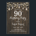 90th Birthday Party - Rustic Wood Invitation<br><div class="desc">90th Birthday Party Invitation - Rustic Brown Wood.
Rustic style design with dark brown wood pattern. Features mason jars and fairy string lights. Can be customized into any age! Please message me if you need further customization.</div>