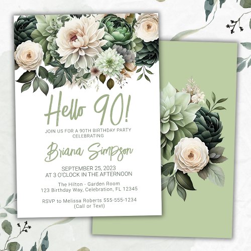 90th Birthday Party Sage Green Floral Invitation