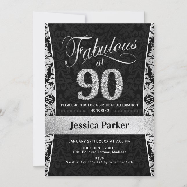 90th Birthday Party - Silver Black Invitation (Front)