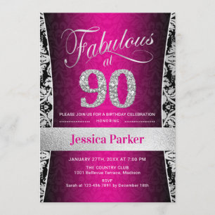 90th Birthday Party - Silver Black Pink Invitation