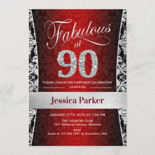 90th Birthday Party - Silver Black Red Invitation