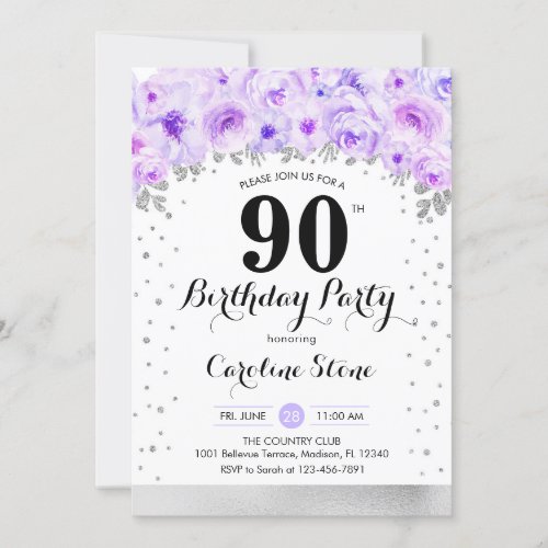 90th Birthday Party _ Silver Purple Flowers Invitation