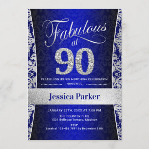 90th Birthday Party - Silver Royal Blue Invitation