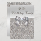 90th Birthday Party Silver Sequins, Bow & Diamond Invitation (Front/Back)