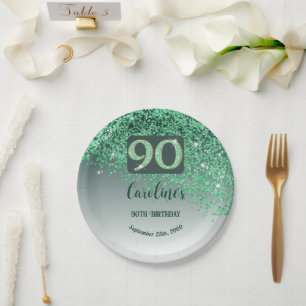 90th Birthday Party Sparkle Green Glitter Paper Plates