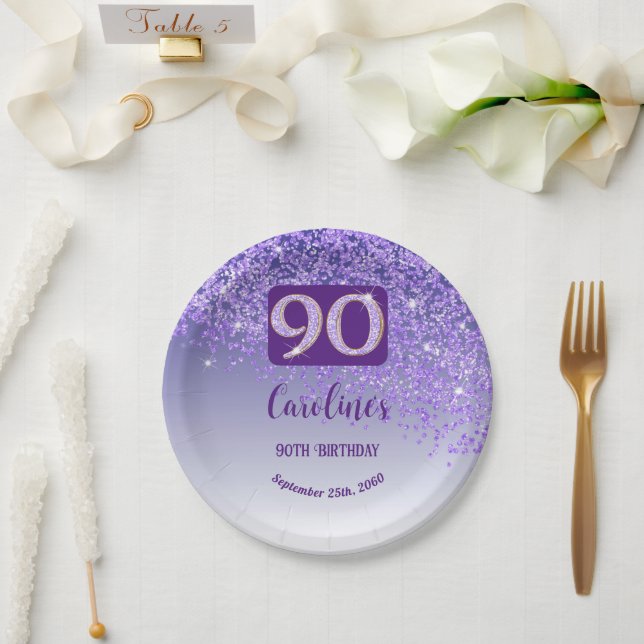 90th Birthday Party Sparkle Purple Glitter Paper Plates (Wedding)