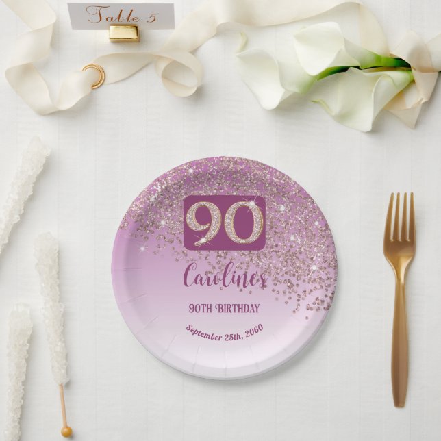 90th Birthday Party Sparkle Rose Gold Glitter Paper Plates (Wedding)