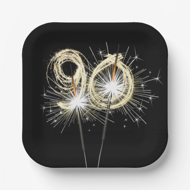 90th Birthday Party Sparklers on Black  Paper Plates (Front)