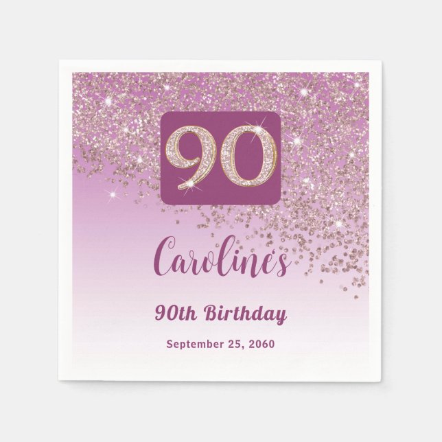 90th Birthday Party Sparkling Rose Gold Glitter Napkins (Front)
