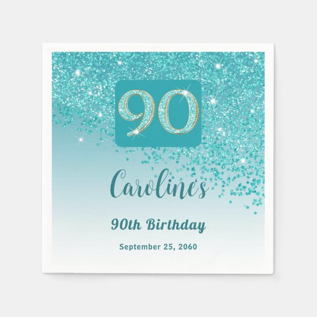 90th Birthday Party Sparkling Teal Blue Glitter Napkins (Front)