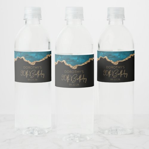 90th Birthday Party Teal Blue Gold Agate Water Bottle Label