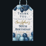 90th Birthday Party Thank You Gift Tags<br><div class="desc">A gorgeous royal and light blue 90th birthday favor tag. This balloon themed design is the perfect party gift tag. Personalize with our own custom name and message. Gold and blue typography on a white background.</div>
