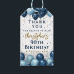 90th Birthday Party Thank You Gift Tags<br><div class="desc">A gorgeous royal and light blue 90th birthday favor tag. This balloon themed design is the perfect party gift tag. Personalize with our own custom name and message. Gold and blue typography on a white background.</div>