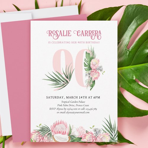 90th Birthday Party Tropical Pink Protea Number 90 Invitation
