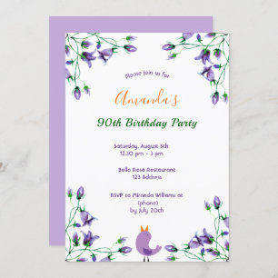 90th birthday party violet florals bluebells white invitation