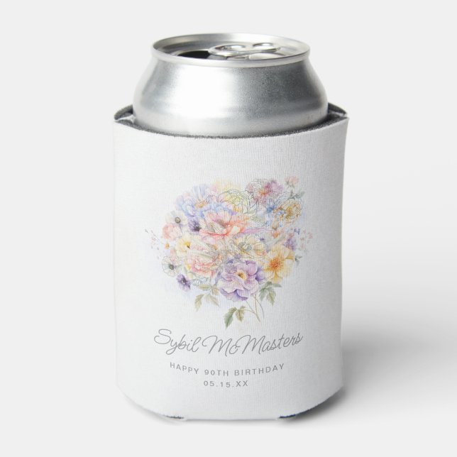 90th Birthday Party Watercolor Floral Custom Can Cooler (Can Front)