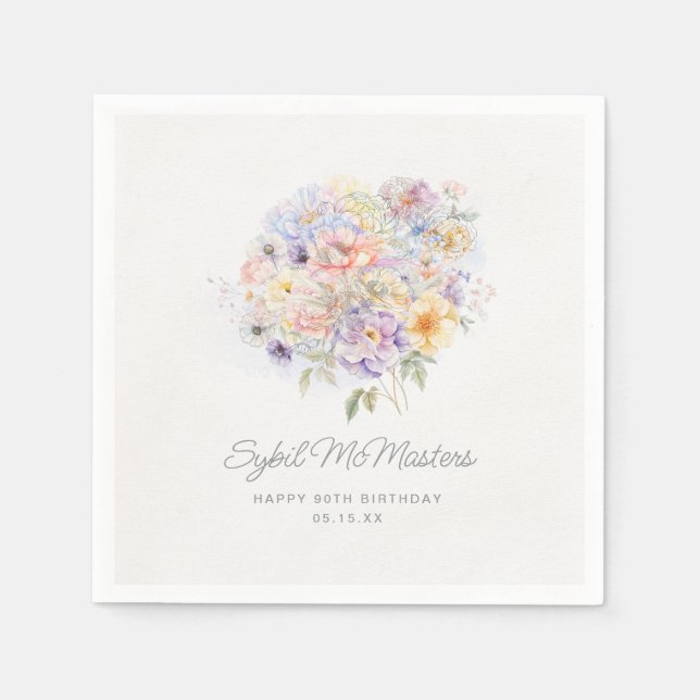 90th Birthday Party Watercolor Floral Custom Napkins (Front)