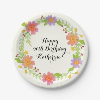 90th Birthday Party Watercolor Modern Floral Paper Plates by PatternsModerne at Zazzle